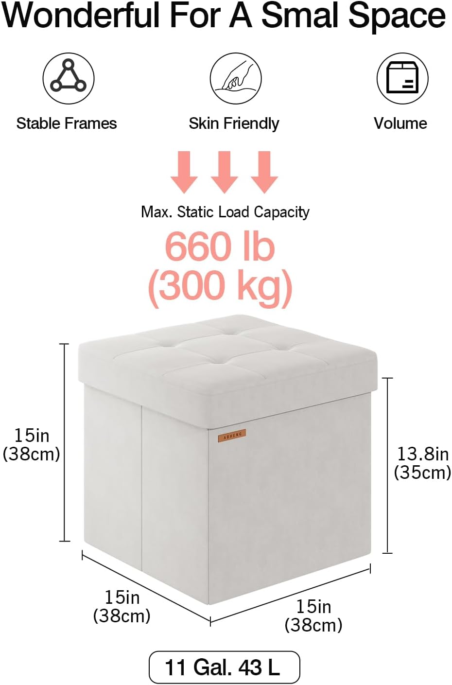 Folding Storage Ottoman, Velvet Storage Bench, Footrest, Footstool,for Living Room, Bedroom and Office,15 x 15 x 15 Inches, 300 kg Load Capacity,Cream White, UASND04W