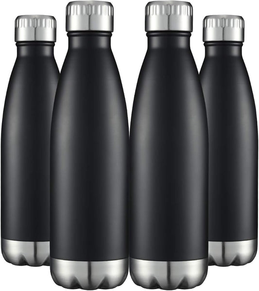 HASLE OUTFITTERS 17oz Stainless Steel Water Bottles Bulk, Vacuum Insulated Water Bottles Double Walled Reusable Metal Sports Water Bottles Keep Drinks Hot and Cold, Black, 4Packs