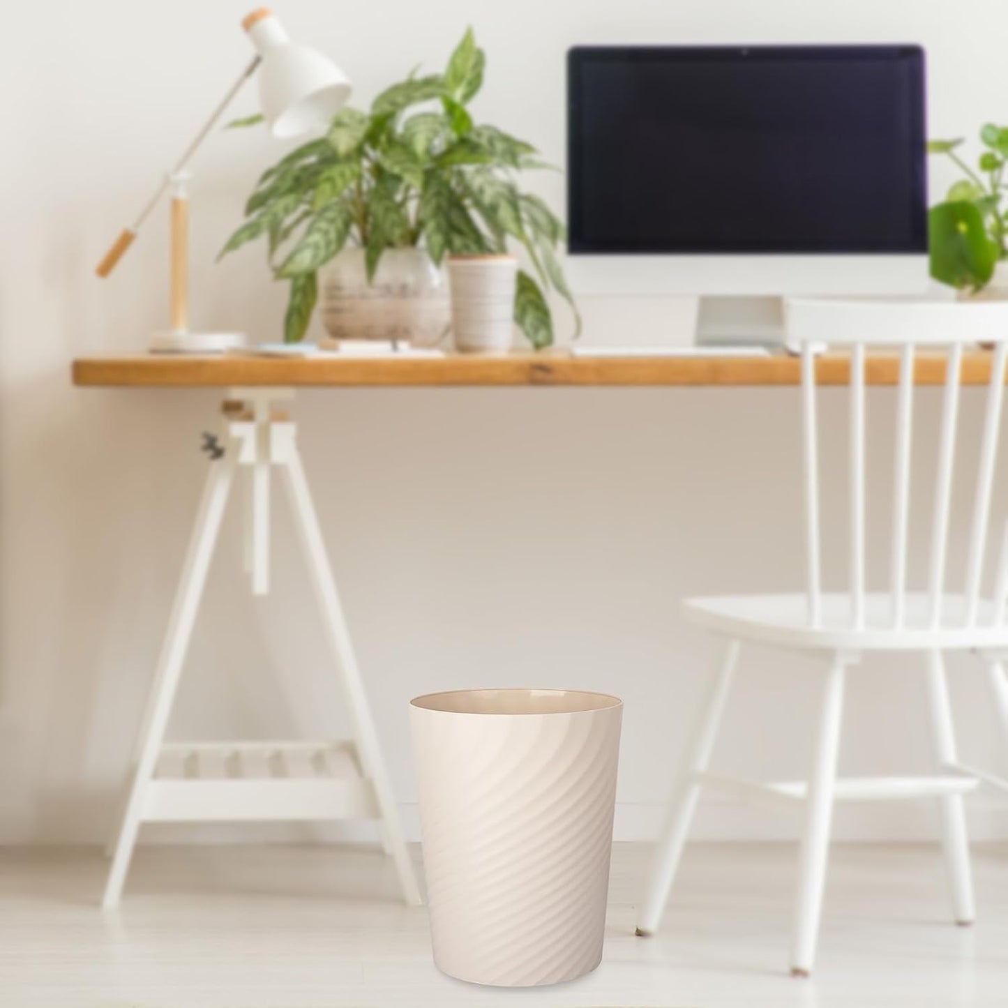 UUJOLY Plastic Small Trash Can Wastebasket, Garbage Container Basket for Bathrooms, Laundry Room, Kitchens, Offices, Kids Rooms, Dorms, (Beige, 1.8 Gallon)