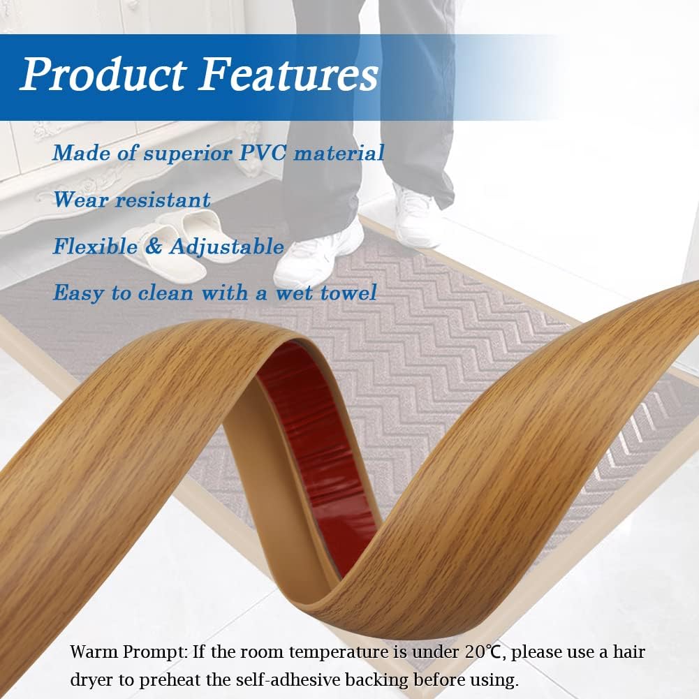 Floor Transition Strip Self Adhesive Carpet & Flooring Transitions Edging Trim Strip PVC Threshold Transitions Suitable for Threshold Height Less Than 5mm (20Ft, Wood Grain Light Brown-New)