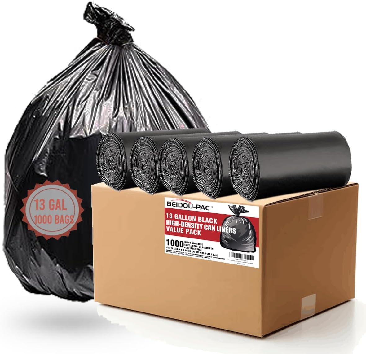 13 Gallon Trash Bags, 1000 Count Bulk Value Pack, Black Tall Kitchen Garbage bags, Multi-purpose Trash Can Bin Liners for Bathroom, Office, Industrial, Commercial, Janitorial, Municipal, Recycling