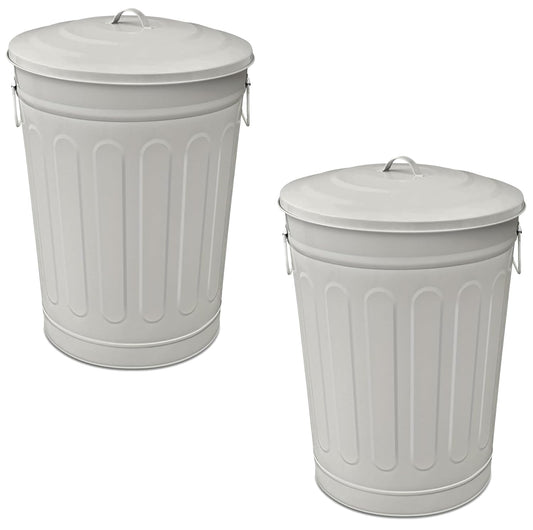 Plexon 13-Gallon Galvanized Steel Round Trash Can with Lid, Indoor and Outdoor Use, Durable Construction, Retro Design, Stylish Beige 2 Pack