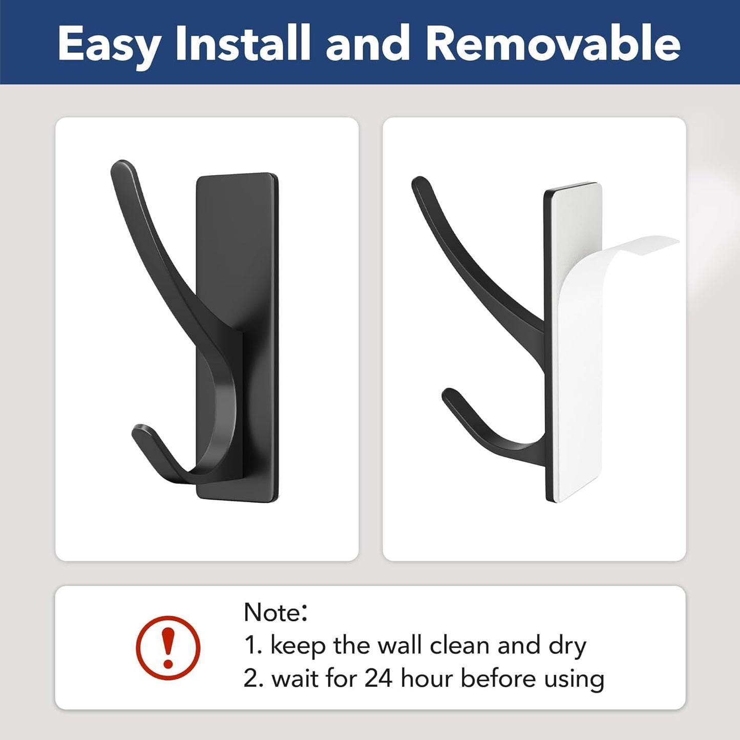 Self Adhesive Coat Hooks for Hanging: Heavy Duty Stainless Wall Hook for Towel, Backpack, Hat, Sturdy Metal Hanger for Bathroom, Bedroom, Door, 4-Pack, Matt Black