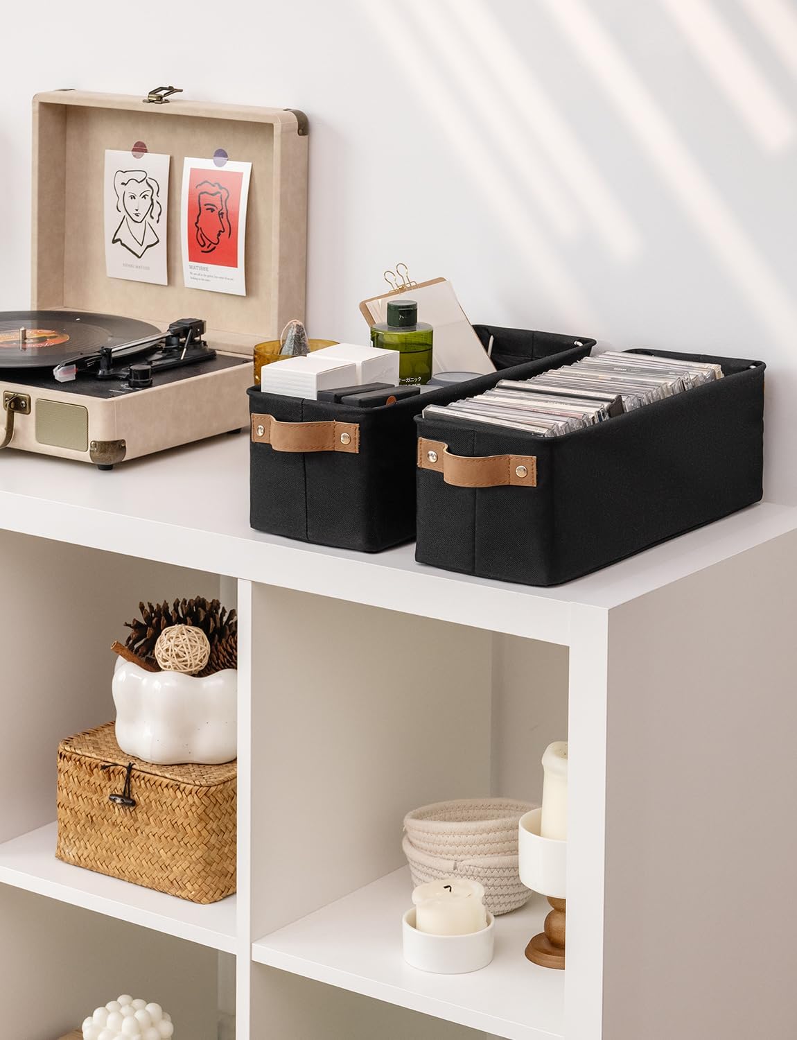 StorageWorks Narrow Storage Bins, Small Basket for Closet and Shelves, Fabric Organizer with Handles, Toilet Paper Storage, Black, 2-Pack