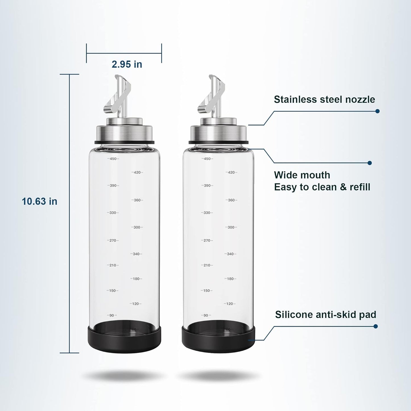 Suli Glass Olive Oil Dispenser Bottle -2 Pack17oz Oil and Vinegar Cruet Set with Steel Spouts and Labels for Kitchen Cooking, Salad Dressing, and BBQ (Silver)