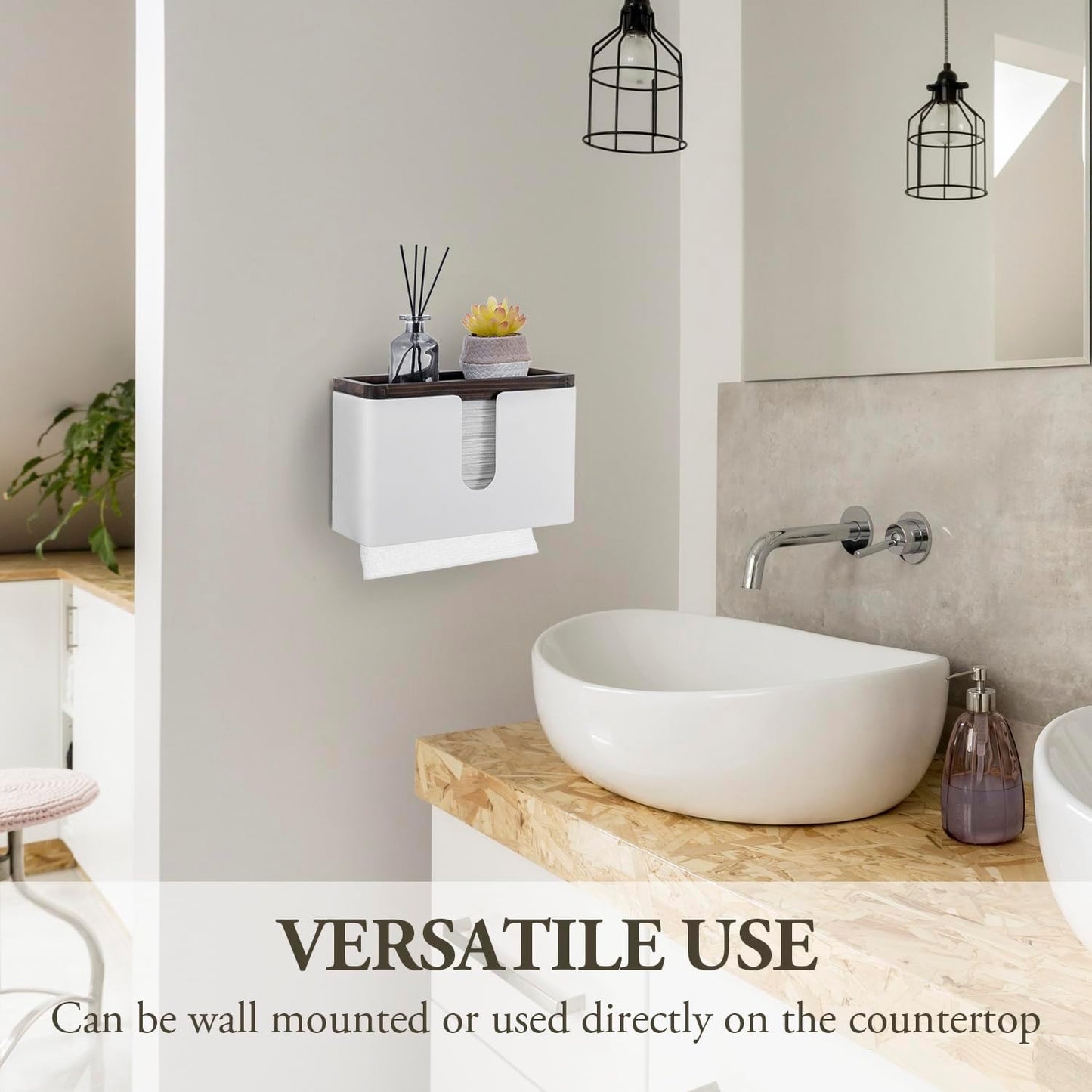 MyGift Deluxe Modern Matte White Metal Folded Commercial Paper Towel Holder with Rustic Burnt Solid Wood Tray Lid, Wall Mounted Trifold Multifold Z Fold Disposable Napkin Dispenser