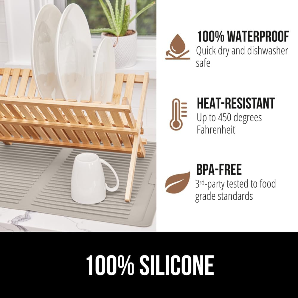 GORILLA GRIP 100% BPA-Free Patented Silicone Dish Drying Mat for Kitchen Counter, 18x16 Inch, Water Catching Ribbed Design, Easy Clean Waterproof Sink Liner, Heat Resistant, Fits Under Rack, Almond