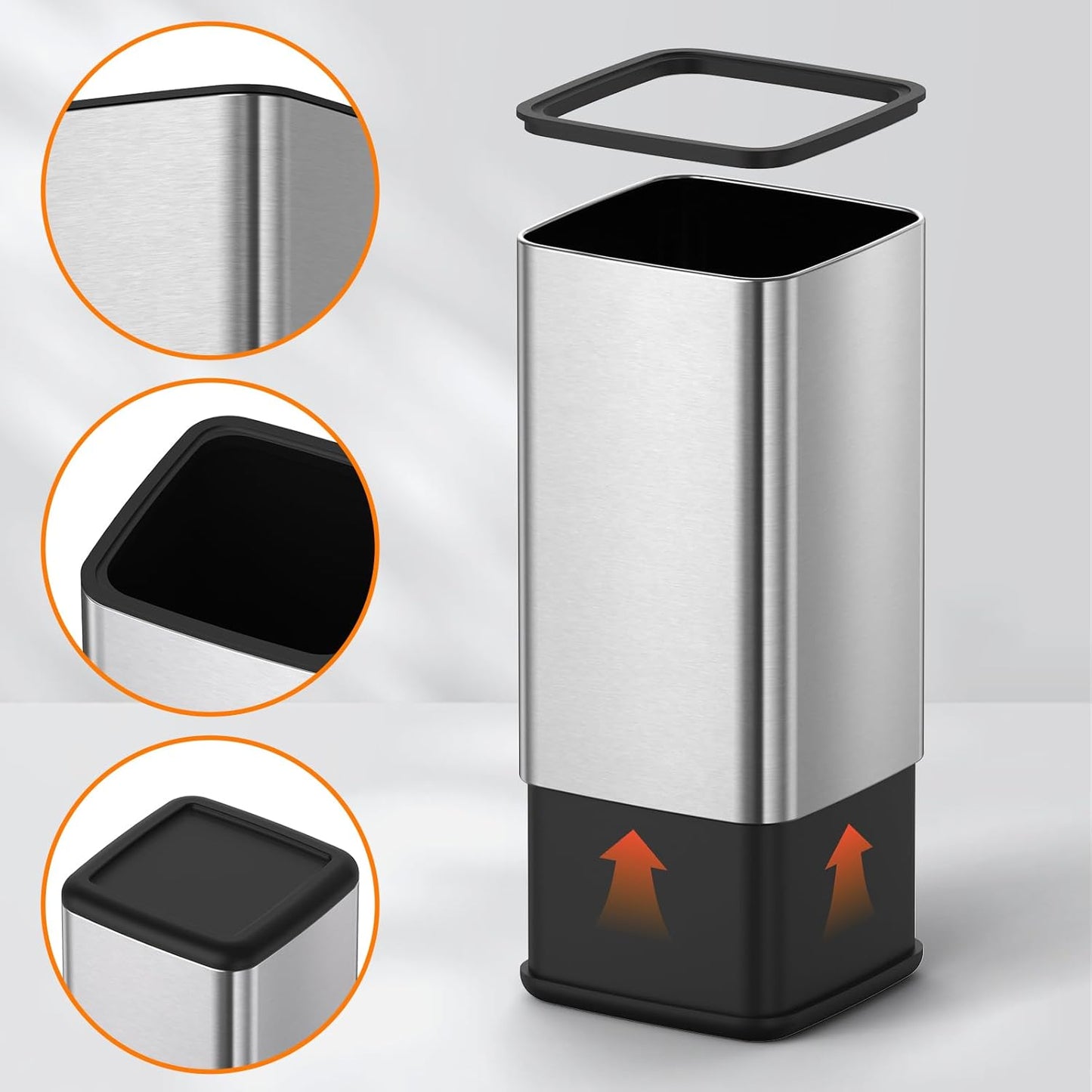 Mbillion 2.4 Gal (9L) Stainless Steel Open - Top Trash Can with Removable Inner Bucket - Sleek Metal Small Waste Basket for Bathroom Office, Brushed Steel