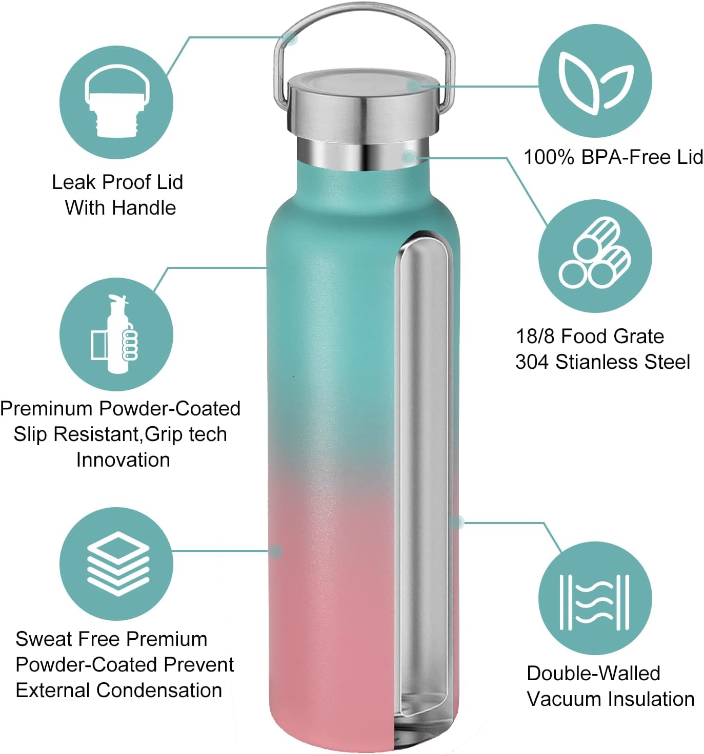 Neihepal 20 oz Insulated Water Bottles Bulk 2 Pack,Stainless Steel Double Wall Sport Bottle with Lid of Handle,Metal Reusable Thermoses Flask for School,Cyclists,Hikers,Gift (Green-Pink,Set of 2)