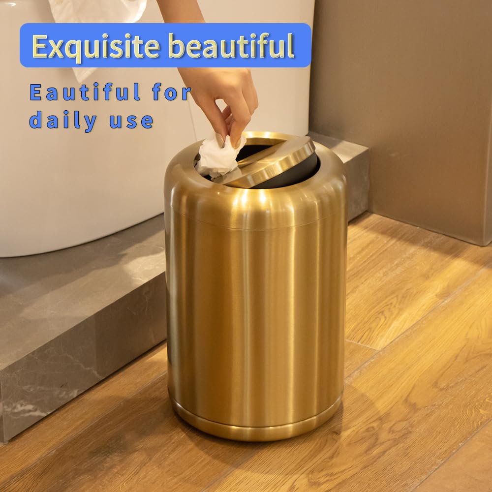 Waste Can 3 Gallon with Swing Lid，Brushed Stainless Steel Gold Trash Can，Metal Cylindrical Garbage Can，Brass Wastebasket Bin for Bathroom,LivingRoom,Office,Kitchen,Bedroom,Hotel (Gold)