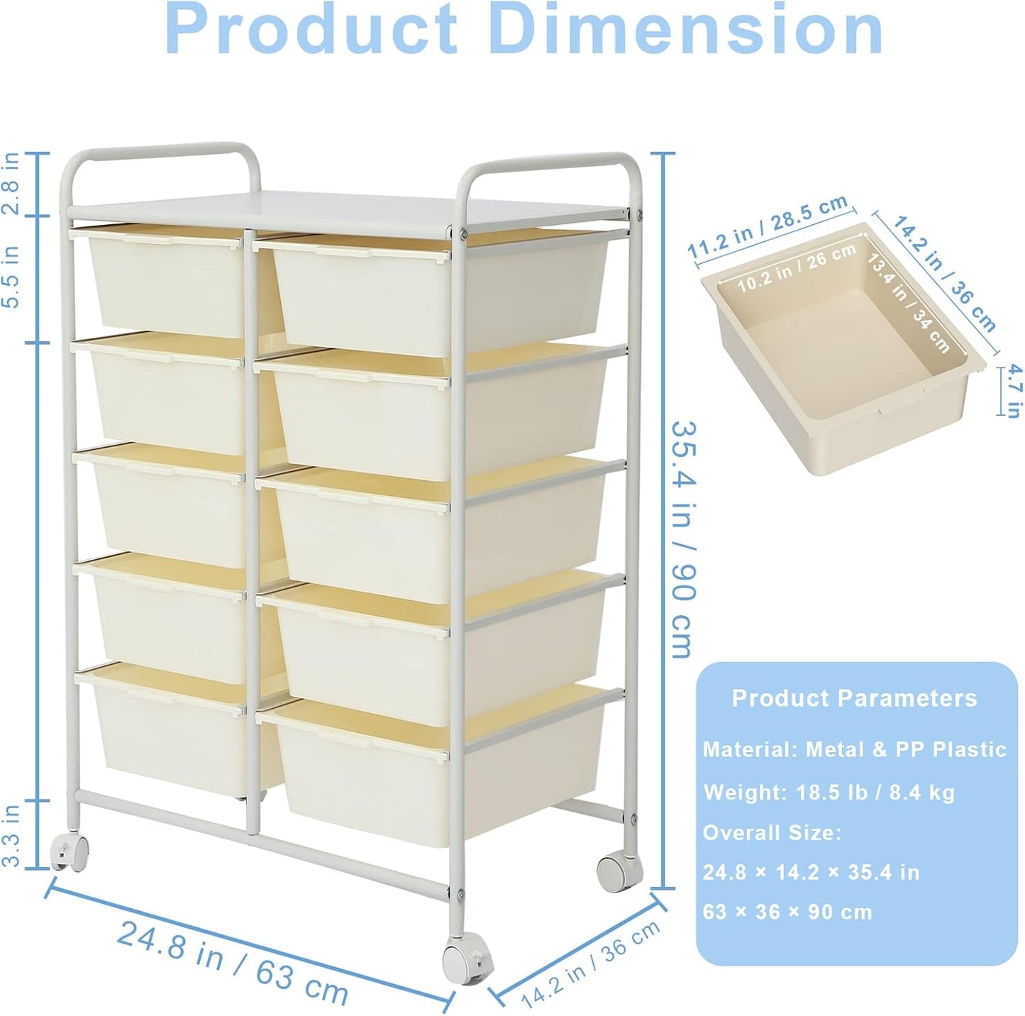 Rolling Cart with 10 Drawers, Plastic Drawer Cart with Metal Frame, Multipurpose Art Craft Cart Organizer with Wheels, Utility Cart with Drawers for Home, Office, School, White