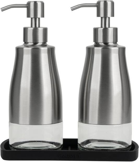 Gaussra Kitchen Soap Dispenser Set with Silicone Tray and Stickers - Brushed Nickel, Stainless Steel Glass Soap Dispenser Bathroom, Refillable Hand Dish Soap Dispenser for Kitchen Sink