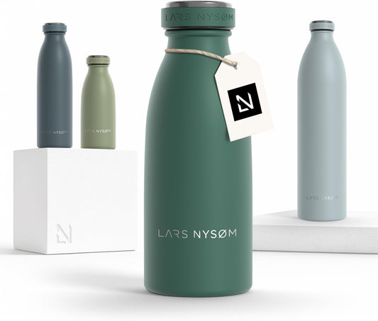 LARS NYSØM Stainless Steel Insulated Water Bottle 12oz 17oz 25oz 34oz 51oz | Insulated Thermo Flask for Hot and Cold Beverages | Leakproof Drinking Bottle (Pine Green, 11.9oz)