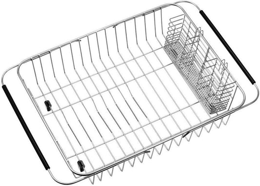 SANNO Expandable Dish Drying Rack Over Sink Dish Rack Shelf in Sink or On Countertop with Stainless Steel Utensil Holder Rustproof Stainless Steel