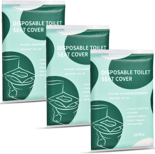 30 Pcs Disposable Flushable Paper Toilet Seat Covers Travel Supplies Essentials for Airplane, Public Restrooms, Bathroom, Hotels, Camping, Kids or Adults