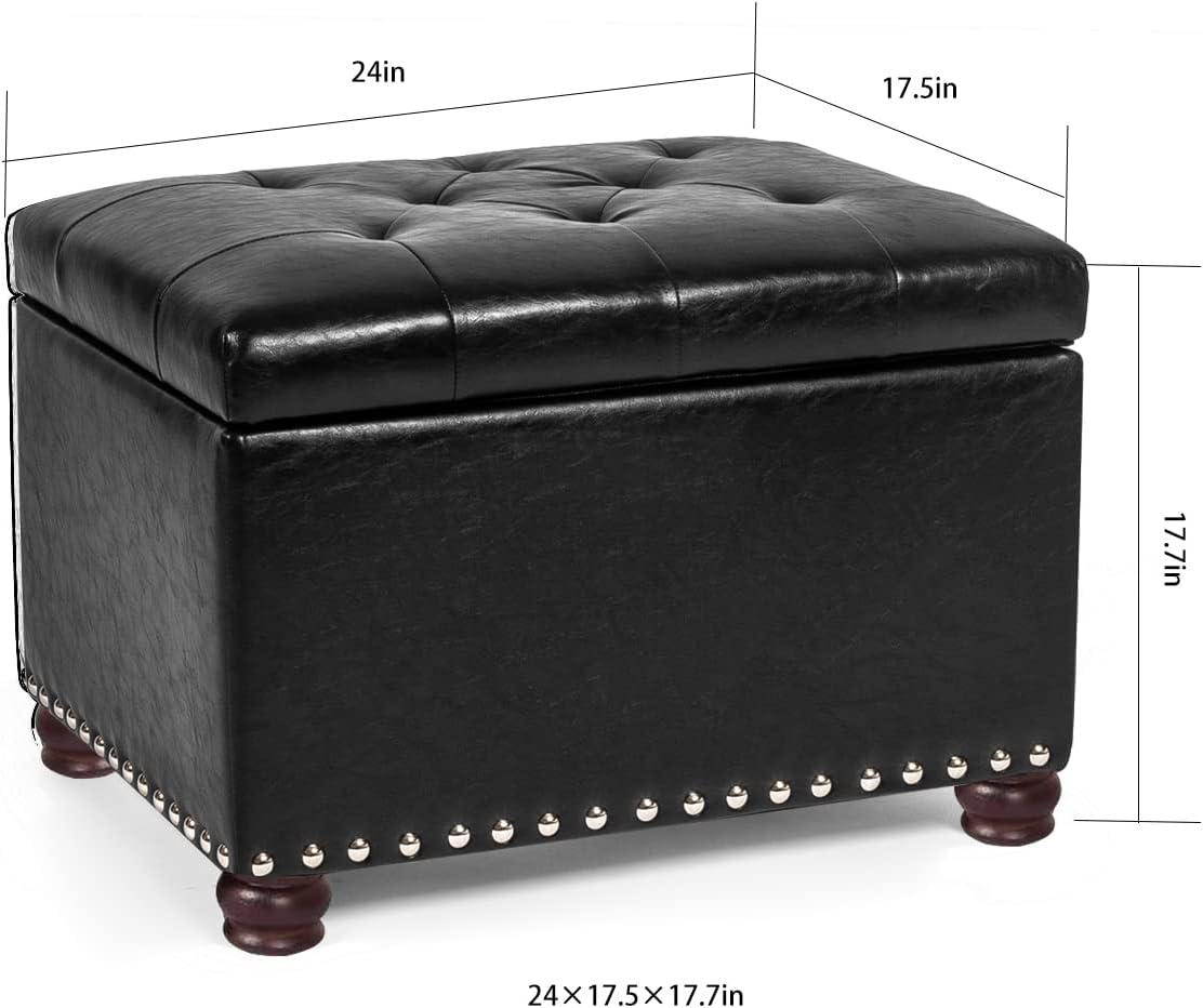 Joveco Leather Storage Ottoman, 24" Rectangle Tufted Foot Rest Stool, for Living Room Bedroom, Midnight Black
