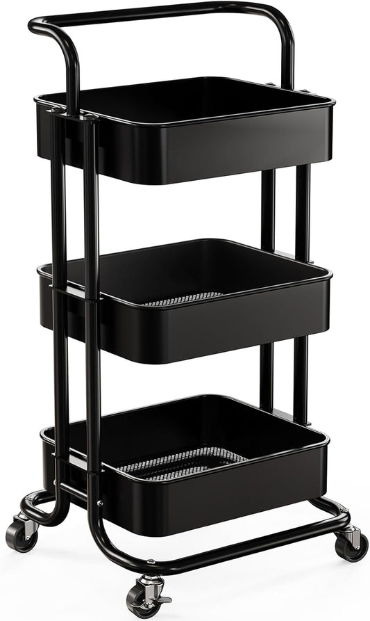 Pipishell 3 Tier Mesh Utility Cart, Rolling Metal Organization Cart with Handle and Lockable Wheels, Multifunctional Storage Shelves for Kitchen Living Room Office Black