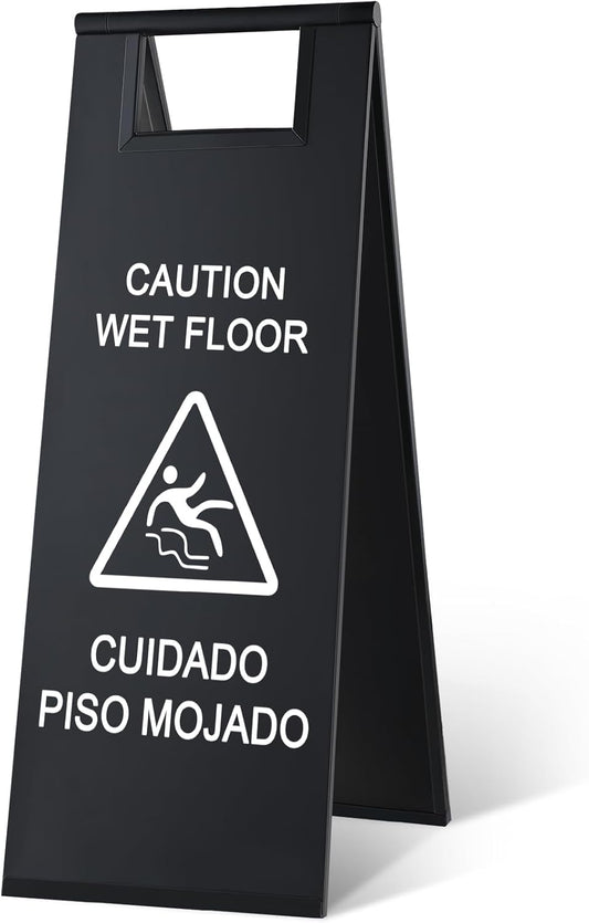 Stainless Steel Wet Floor Caution Sign Bulk 8.8 Pound Portable Foldable Handle Bilingual Safety Sign for Kitchen Restaurant Supermarket Shop Commercial Use Avoid Fall and Slip Accident (Black)