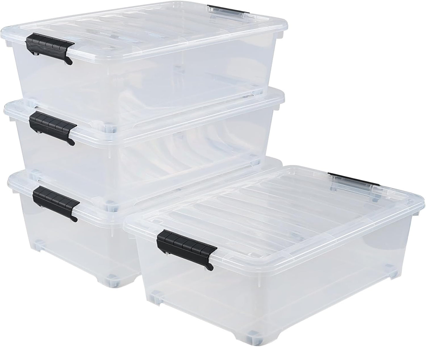 4 Pack 20 L Plastic Under Bed Storage Box with Lid, Clear Plastic Storage Bins Under Bed with Wheels