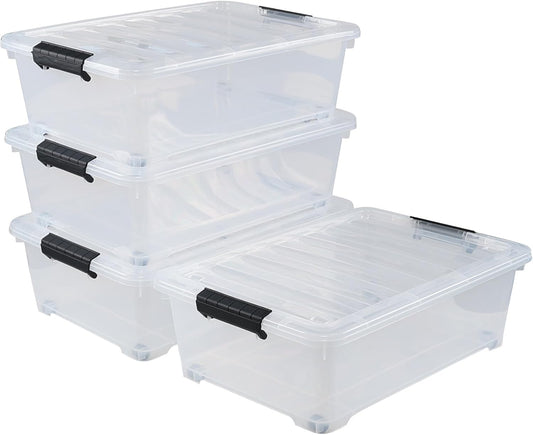 4 Pack 20 L Plastic Under Bed Storage Box with Lid, Clear Plastic Storage Bins Under Bed with Wheels