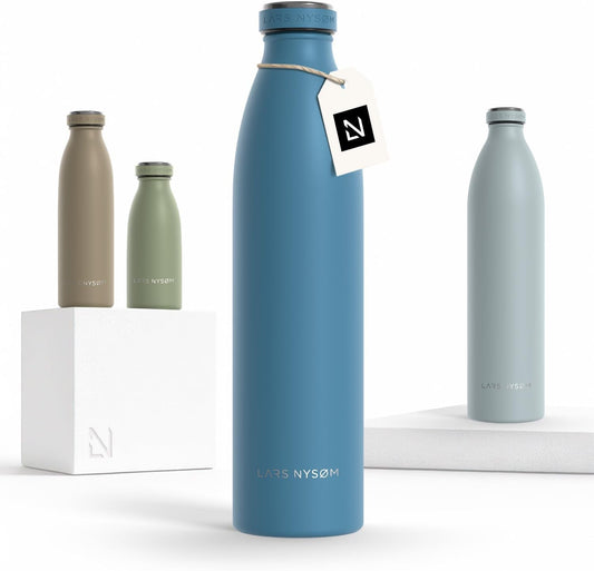 LARS NYSØM Stainless Steel Insulated Water Bottle 12oz 17oz 25oz 34oz 51oz | Insulated Thermo Flask for Hot and Cold Beverages | Leakproof Drinking Bottle (Calypso Blue, 33.9 oz)