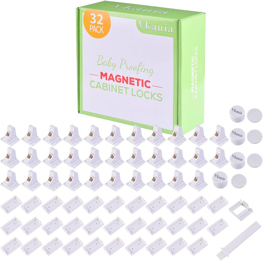 32 Pack Vkania Magnetic Cabinet Locks Baby Proofing - Baby Safety Latches for Drawers and Cabinets -Easy Installation No Drilling