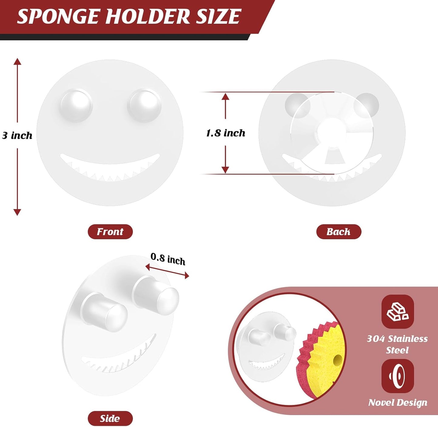 Sponge Holder for Kitchen Sink,Sink Caddy Organizer with Suction Cup Installation for Kitchen/Bathroom, Self Draining,Sponge Caddy for Holding Smiley Sponges-White