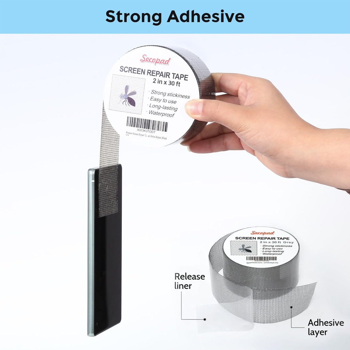 Grey Window Screen Repair Tape, 2IN X 30FT (360IN) Screen Repair Kit for Windows or Doors, Strong Adhesive Patch Kit Fiberglass Mesh Tape