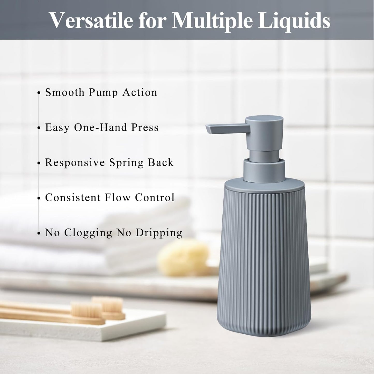 Gray 2 Pack Hand Soap Dispensers with No Rust Pump for Bathroom and Kitchen Countertops Refillable Striped Matte Plastic 8.5 oz