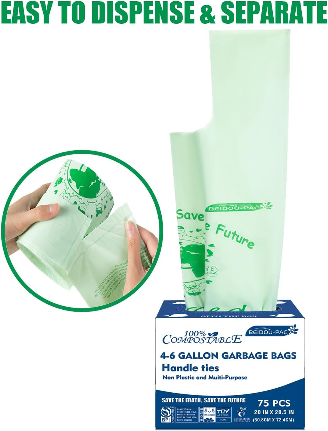 4-6 Gallon Compostable Trash Bags, 75 Count, Kitchen Compost Bags With Handle, Sturdy Biodegradable Garbage for Food Scrap Waste, ASTM D6400, US BPI Certified