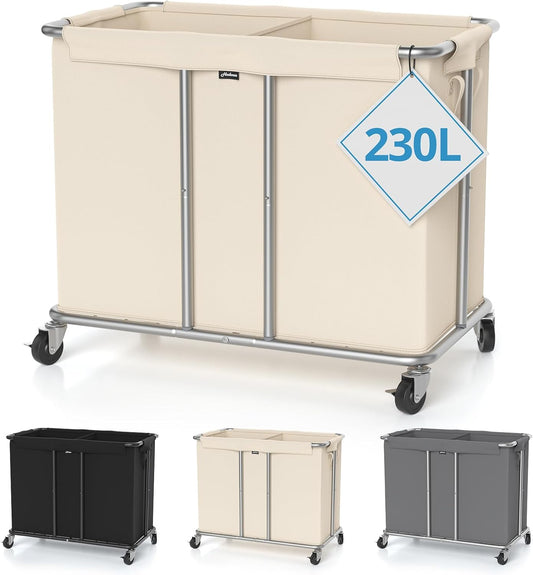 230L Rolling Laundry Hamper, 2-Section Laundry Basket with Wheels, 61 Gallons Laundry Sorter with Metal Structure and Removable Liner, Clothes Hamper for Laundry Room, Bathroom, Bedroom, Beige