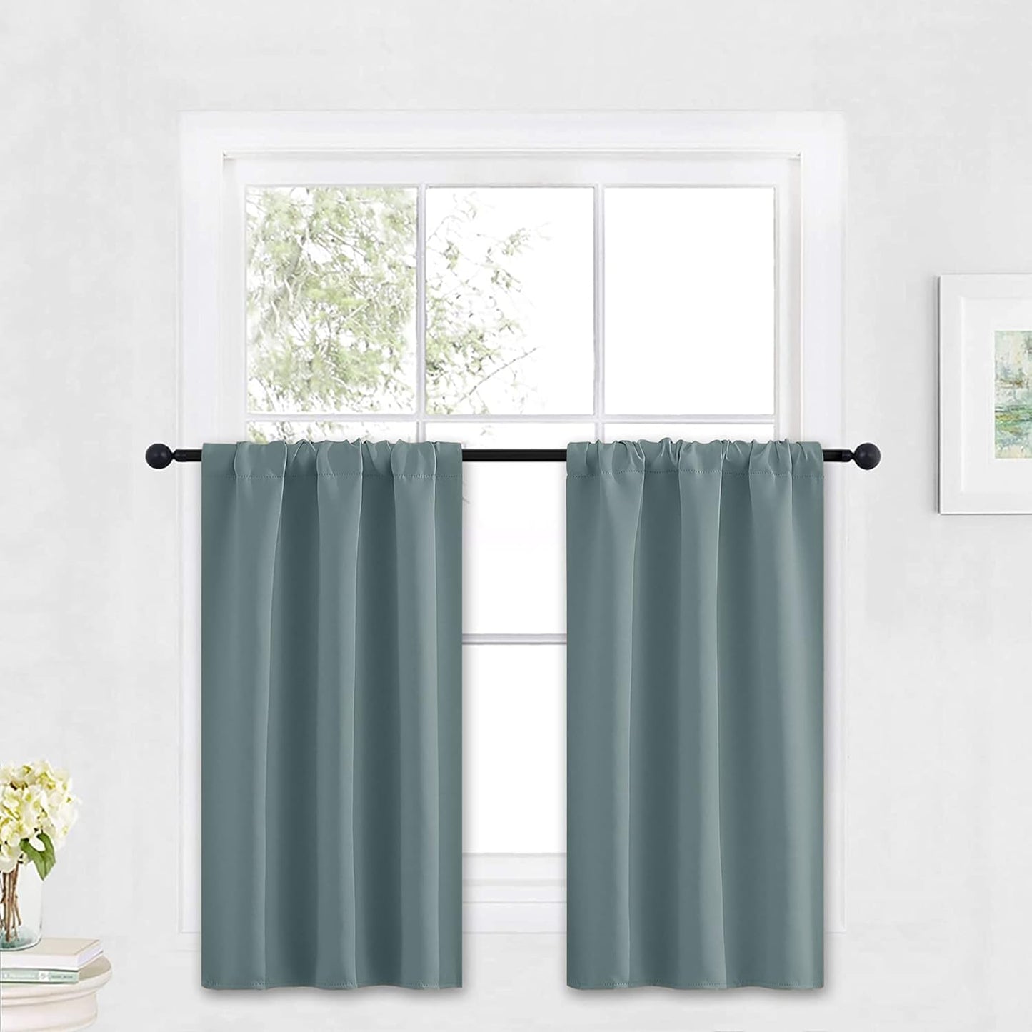 RYB HOME Small Curtains Blackout - Privacy Energy Efficiency Mini Curtains for Kids Bedroom RV Camper Windows Trailer Bathroom Kitchen Cabinet Door Window, W 29 x L 36, Dusty Blue, 2 Panels