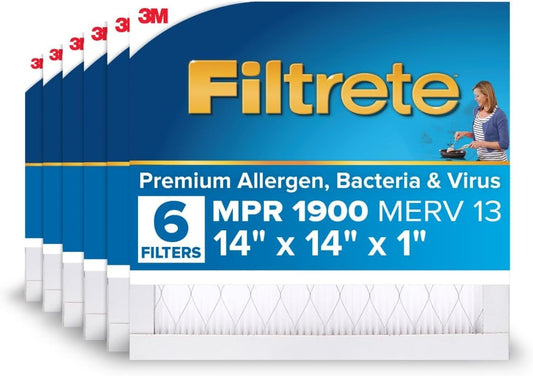 Filtrete 14x14x1 AC Furnace Air Filter, MERV 13, MPR 1900, Premium Allergen, Bacteria & Virus Filter, 3-Month Pleated 1-Inch Electrostatic Air Cleaning Filter, 6-Pack (Actual Size 13.81x13.81x0.78 in)
