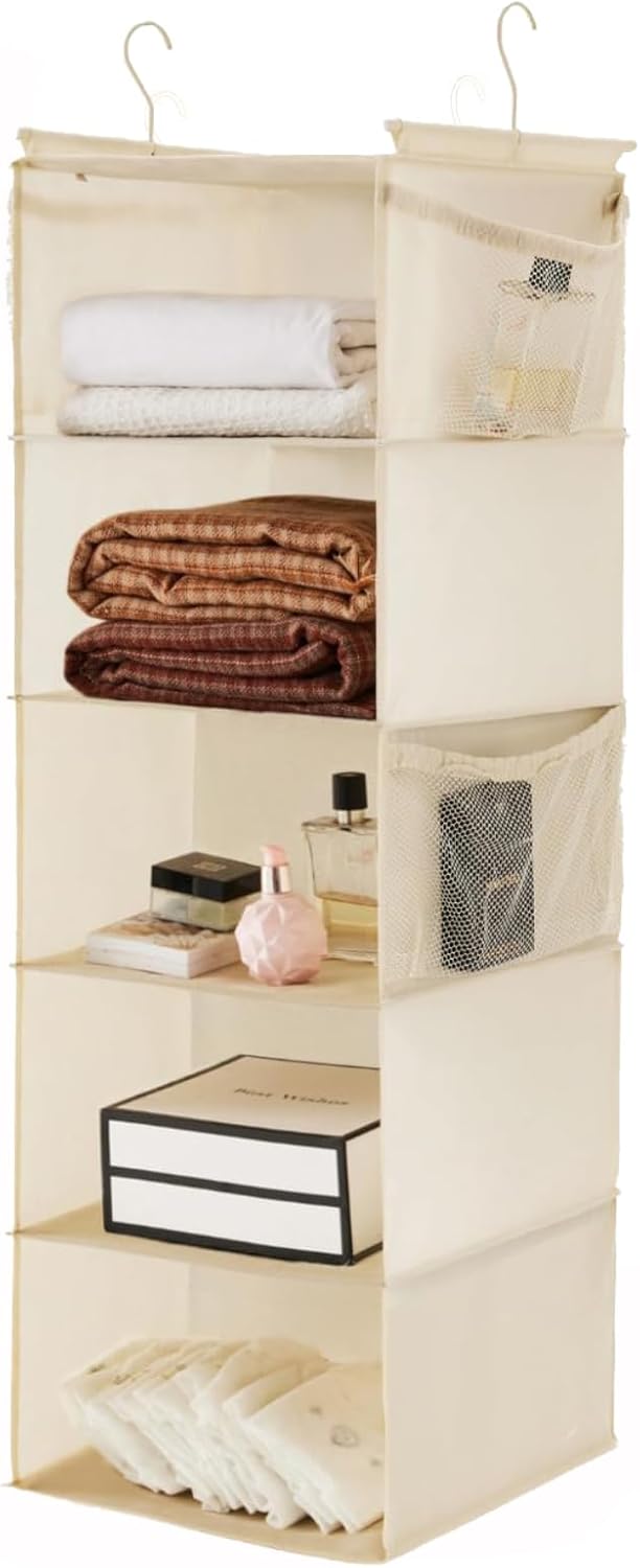MAX Houser 5 Shelf Hanging Closet Organizer, Space Saver, Cloth Hanging Shelves with 4 Side Pockets, Foldable, Beige