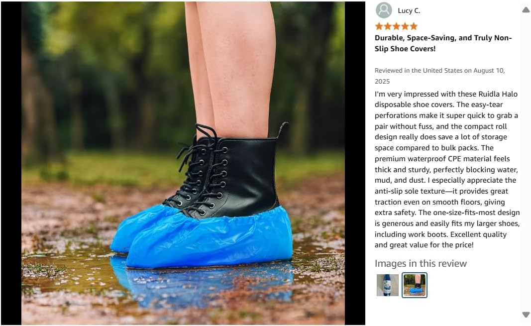 Shoe Covers Disposable Non Slip - 70‑Pack Compact Tear‑Off Roll, Waterproof CPE Boot Covers,Disposable Shoe Covers, Shoe Booties for Indoor Use, Home Cleaning, Real Estate (One Size Fits Most)