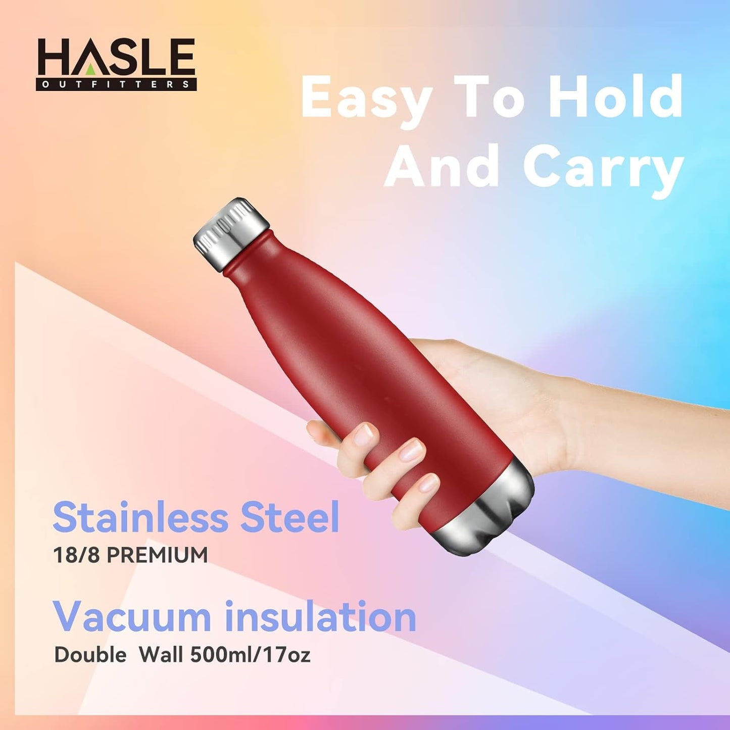 HASLE OUTFITTERS 17oz Stainless Steel Water Bottles Bulk, Vacuum Insulated Double Walled Powder Coated Reusable Metal Sports Water Bottles Keep Drinks Hot and Cold, Red, 4Packs