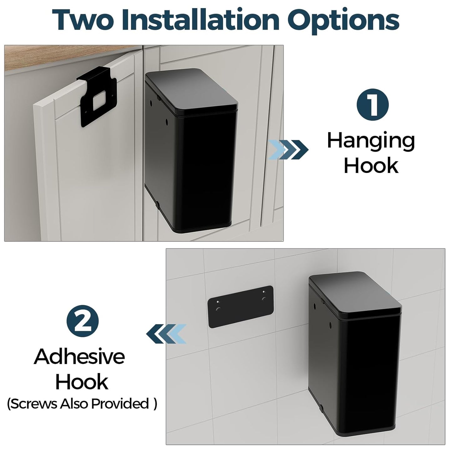 Stainless Steel Hanging Trash Can with Lid and Inner Bucket, 2 Gallon Kitchen Compost Bin for Counter Top, Under Sink or Wall Mount, Small Garbage Can for Cupboard/Bathroom/Bedroom/RV, Black