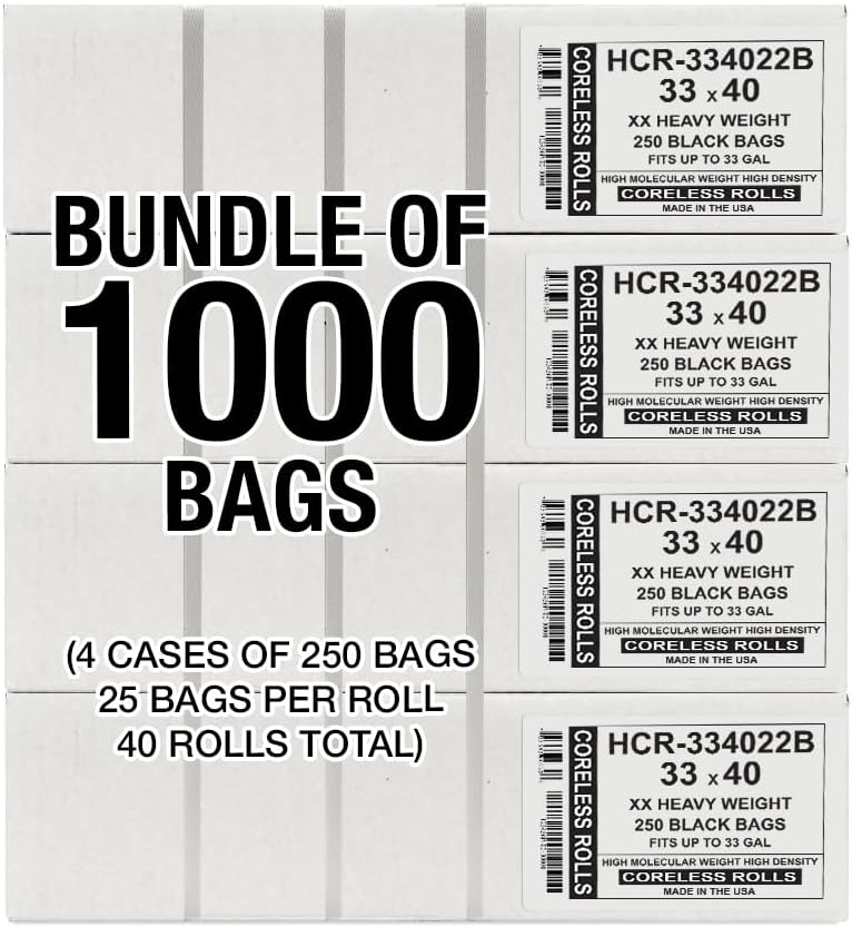 Aluf Plastics High Density Trash Bags, 33 Gallon, 1000 Count, 22 Micron (eq), 33" x 40", Black, for Bathroom, Office, Industrial, Commercial, Janitorial, Municipal, Recycling