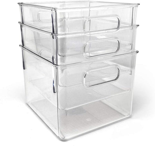 Isaac Jacobs 3-Pack Medium Clear Storage Bins with Handles, Plastic Organizer for Home or Fridge/Freezer, Pantry and Kitchen Non-Slip Container Set, BPA Free, Food Safe (3-Pack, Medium)