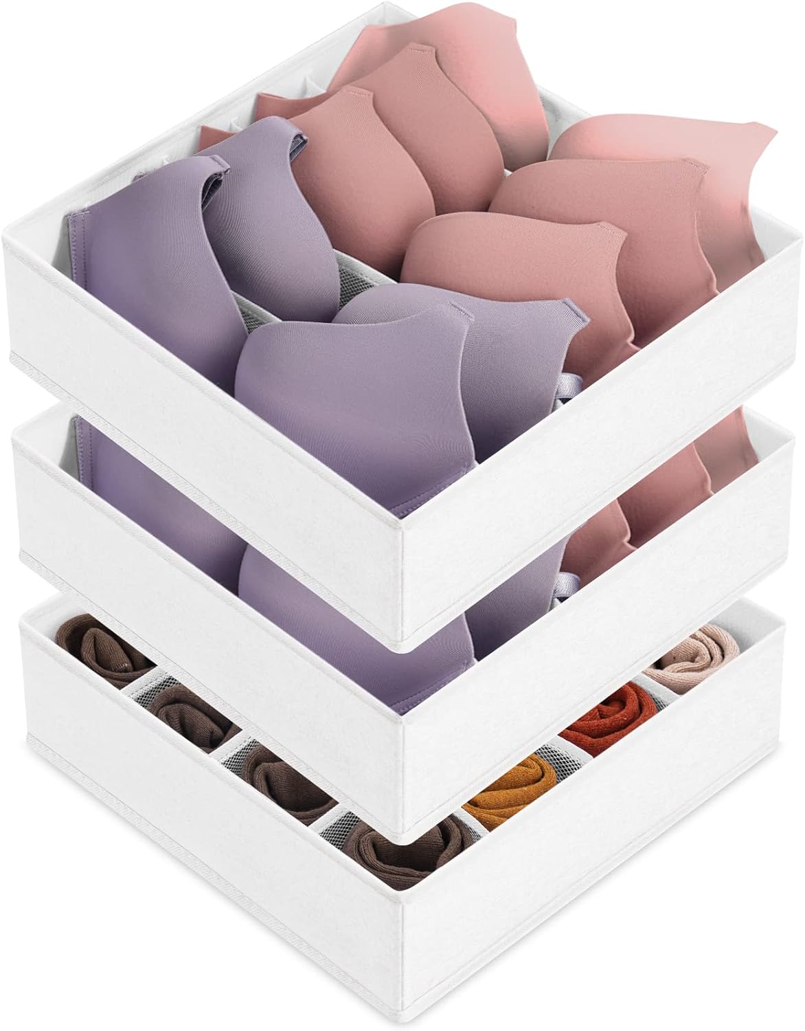 3 Pack Bra Underwear Drawer Organizer Dividers, 26 Cell Fabric Foldable Dresser Closet Organizers and Storage Boxes for Baby Clothes, Bra, Socks, Underwear, Ties (5+5+16 Slots, White)