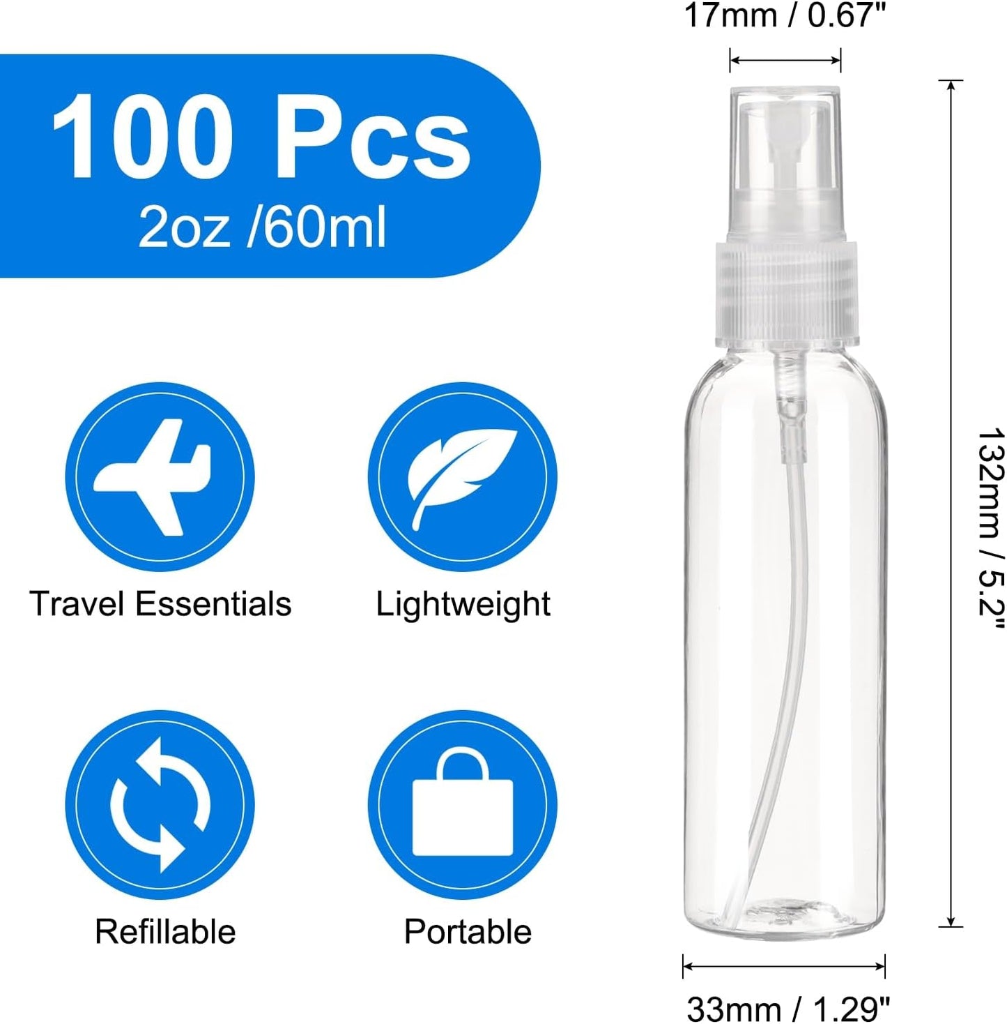 uxcell 100Pack Spray Bottles, 2Oz/60ML Reusable Clear Empty Mist Plastic Mini Travel Bottle Set,Small Refillable Liquid Containers for Household Use, Essential Oil, Cleaning (Transparent)
