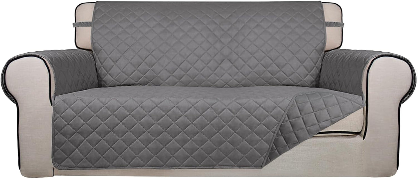 PureFit Reversible Quilted Sofa Cover, Water Resistant Slipcover Furniture Protector, Washable Couch Cover with Non Slip and Elastic Straps for Kids, Dogs, Pets (Oversized Loveseat, Gray/Gray)