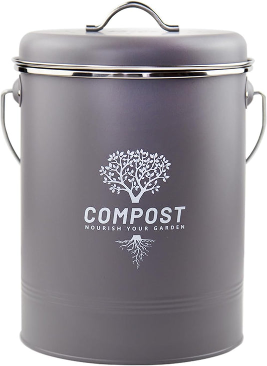 Kitchen Countertop Compost Bin, Odor Resistant Indoor Compost Bin with Lid and Charcoal Filter, Rust Resistant Coated Compost Bucket, Compost Container, Gray