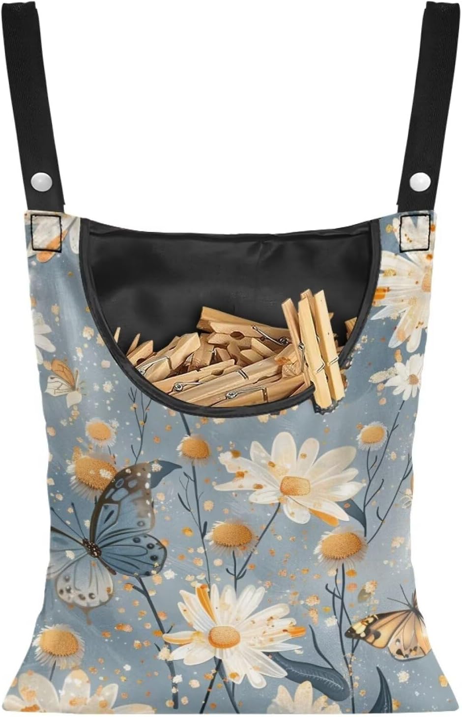 Butterfly Clothespin Bag with Hanging Rope 14.5 x 12 Inch Summer Waterproof Laundry Clothes Pin Holder Clothespin Storage Organizer with Large Opening for Home Outdoor