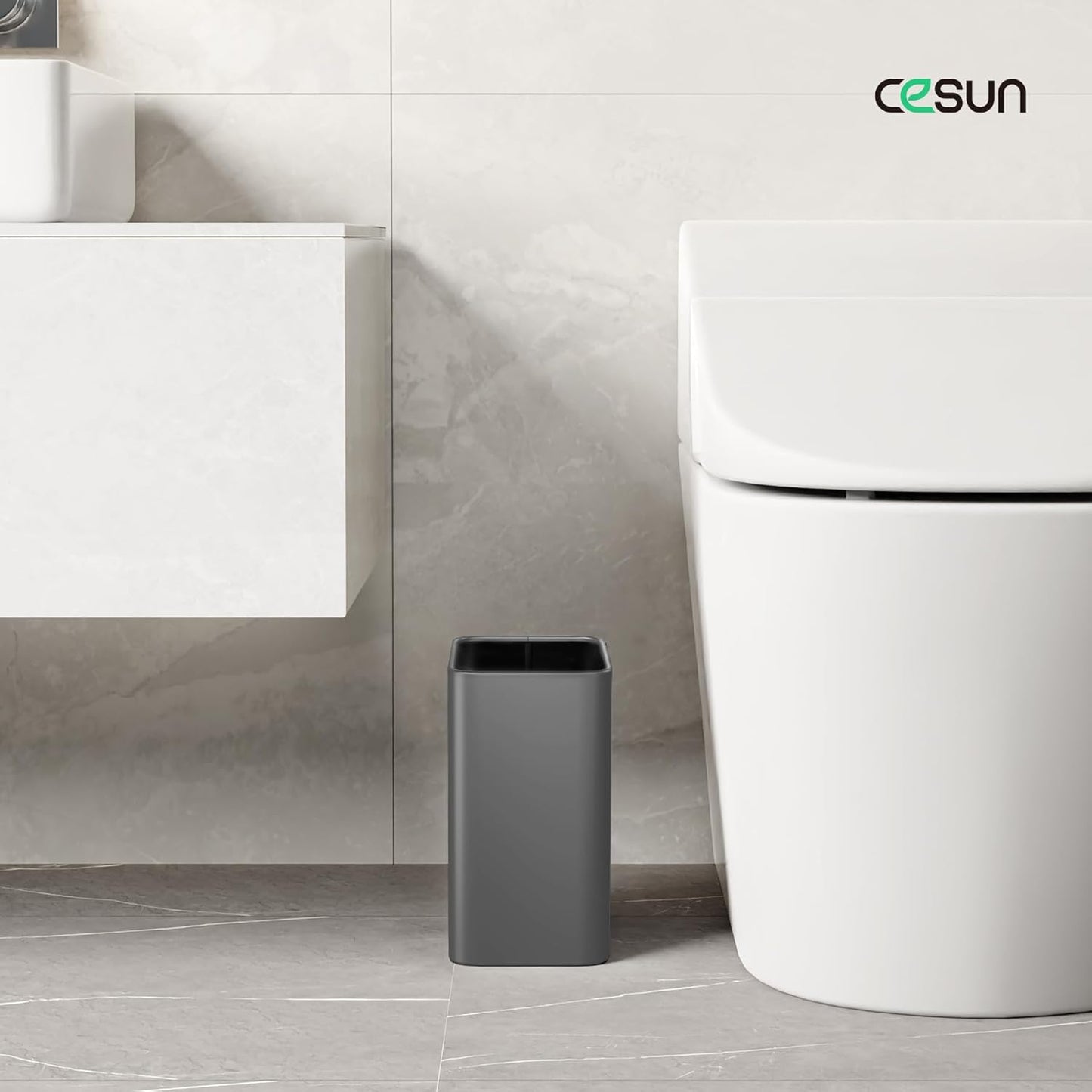 Cesun Small Bathroom Trash Can, 2.1 Gallons, Open-Top, Gray Metal, Stainless Steel, Modern, Ideal for Bathroom, Bedroom, Home Office,Toilet, Rv,Near Desk, Under Sink
