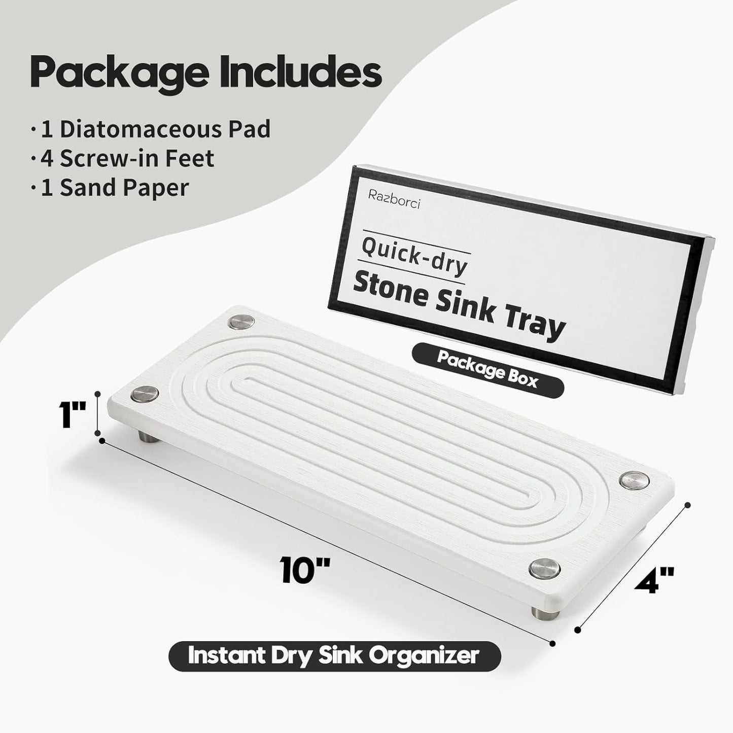 Water Absorbing Stone Sink Caddy, Diatomite Kitchen Sink Organizer, Bathroom Counter Tray, Faucet Drying Mat Coaster Soap Dish Rack Riser Dispenser Sponge Holder, Silver, White 10" x 4"