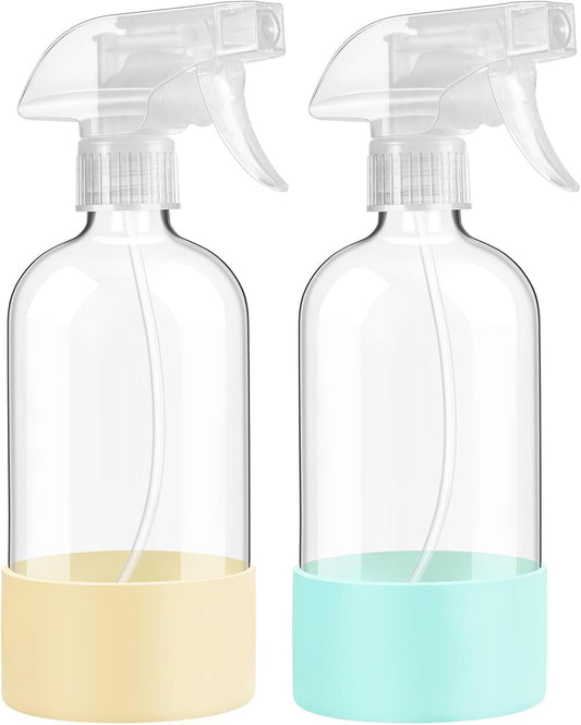 Glass Spray Bottles with Silicone Sleeve Protection, 16 oz 2 Pack, Reusable Spray Bottles with Adjustable Nozzle for Hair, Cleaning Solutions, Plants, Pale Yellow&Mint Green