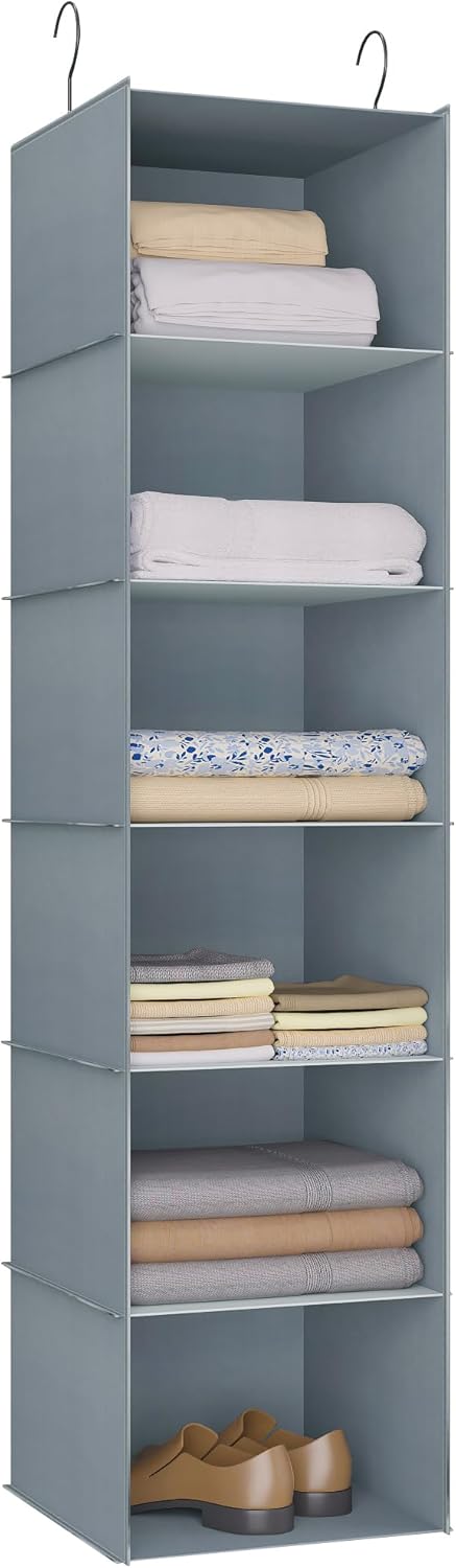Hanging Closet Organizer and Storage 6-Shelf, Easy Mount Foldable Hanging Closet Wardrobe Shelves, Clothes Handbag Shoes Accessories Storage, Washable Oxford Cloth Fabric, Grey