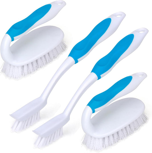 Scrub Brush Set, 4 Pack Deep Cleaning Brush Kit - 2 Scrub Brush, 2 Tile & Grout Brush with Built-in Scraper, Household Commercial Scrubber for Floor, Shower, Pool Wall, Tub (Blue)