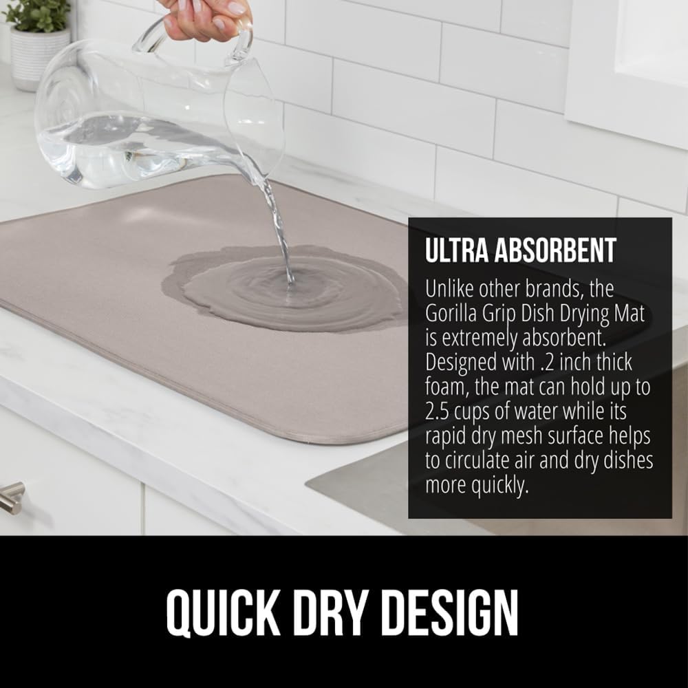 GORILLA GRIP Ultra Water Absorbent Microfiber Dish Drying Mat, 18x24, Quick Dry Thick Mesh, Slip Resistant Pad for Sink Dishes or Under Rack, Kitchen Counter Accessories, Machine Wash Mats, Almond